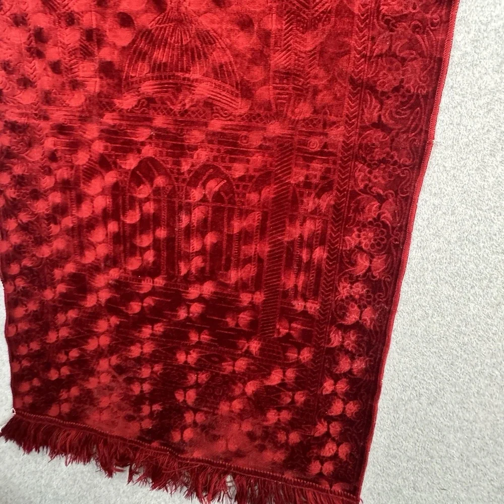Turkish Islamic‎ Prayer Rug Red Velvet Mosque Motif Fringe Wall Art